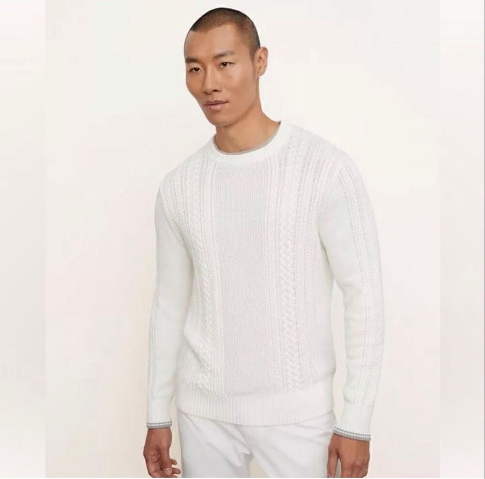 Vince $295 Men's Crew Neck Cable Knit Cotton Pullover Sweater Off White M NWT
